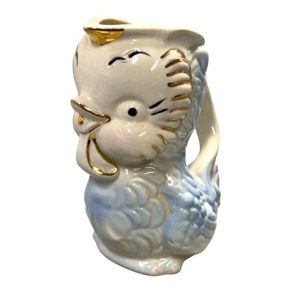 Vintage Shawnee Pottery Blue Gold Trim Chicken Bird Pitcher American Bisque MCM - Picture 1 of 8